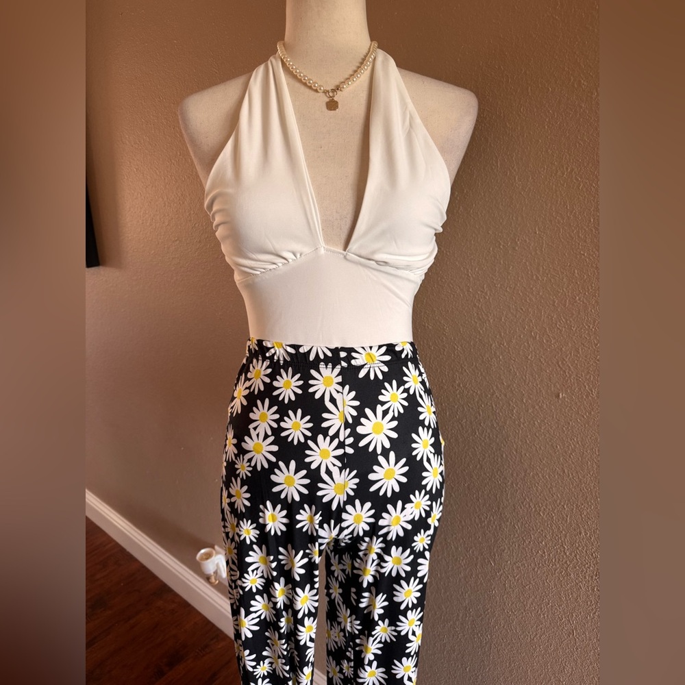 Floral Black and White Women's Bell Bottom Pants - Picture 6 of 8